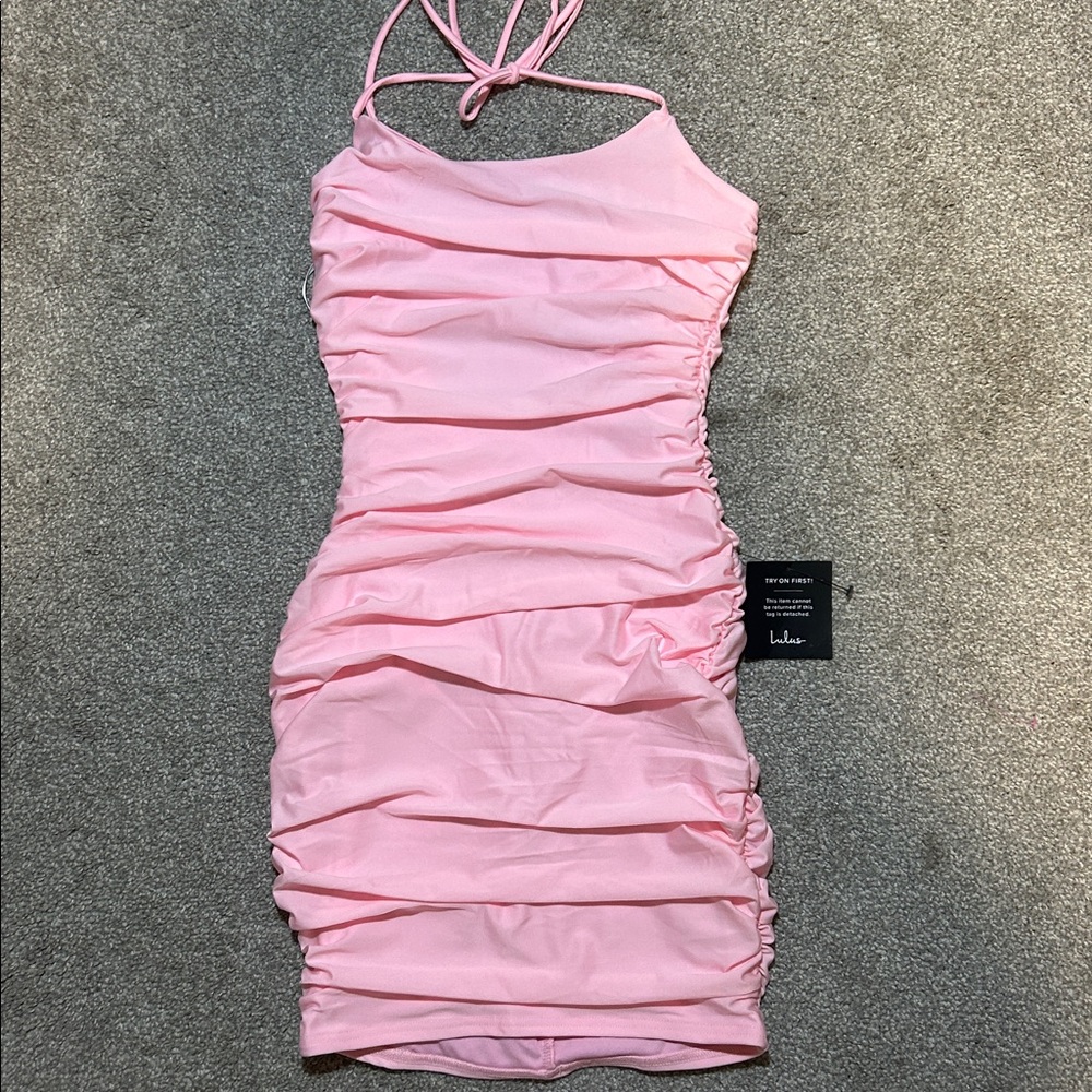 Lulu's Light Pink Ruched Halter Bodycon Mini Dress